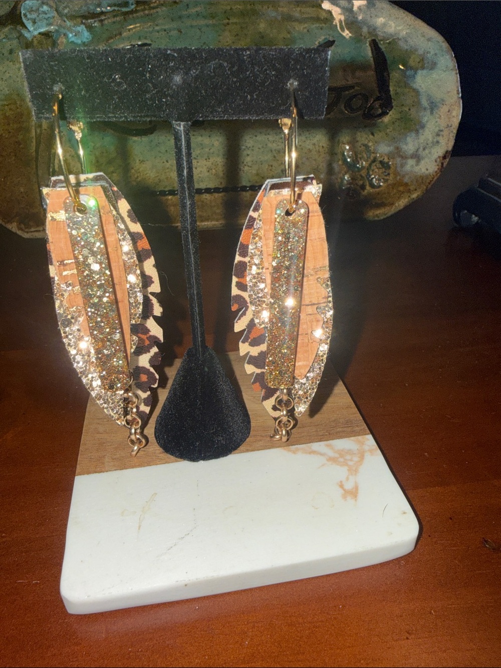 Leopard Print Gold-Tone Layered Dangle Earrings